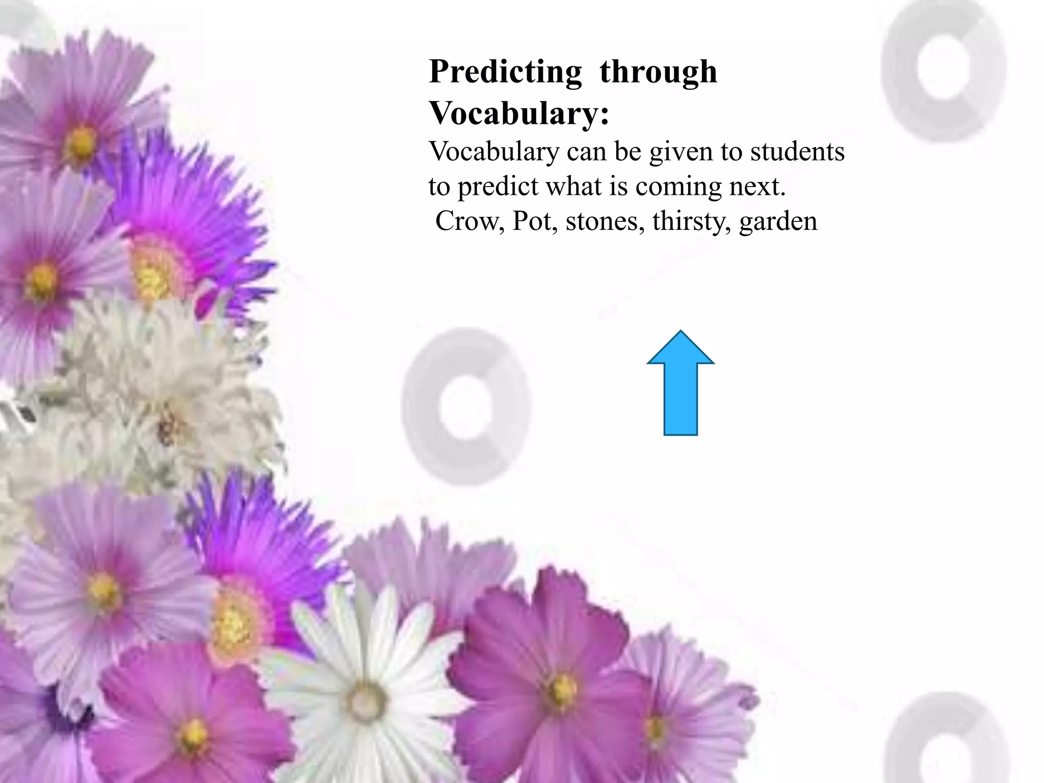 Predicting through
Vocabulary:
Vocabulary can be given to students
to predict what is coming next.
Crow, Pot, stones, thirsty, garden
 