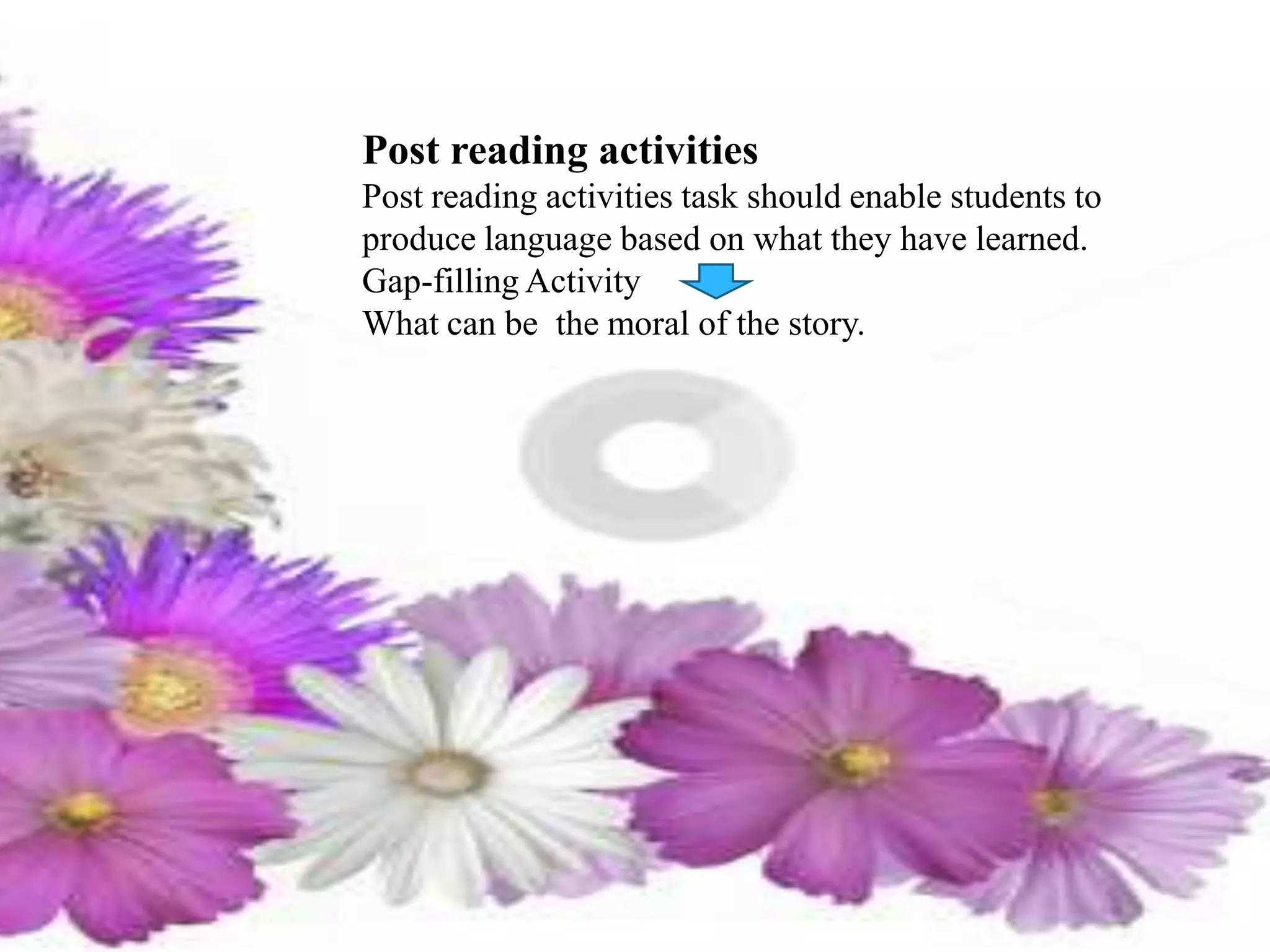 Post reading activities
Post reading activities task should enable students to
produce language based on what they have learned.
Gap-filling Activity
What can be the moral of the story.
 