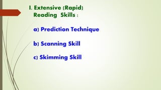 I. Extensive (Rapid)
Reading Skills :
a) Prediction Technique
b) Scanning Skill
c) Skimming Skill
 