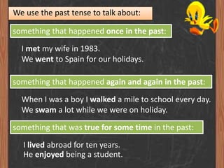 We use the past tense to talk about:
something that happened once in the past:

I met my wife in 1983.
We went to Spain for our holidays.
something that happened again and again in the past:
When I was a boy I walked a mile to school every day.
We swam a lot while we were on holiday.

something that was true for some time in the past:
I lived abroad for ten years.
He enjoyed being a student.

 