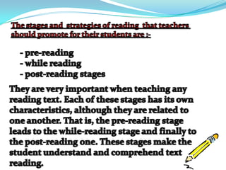 The stages and  strategies of reading  that teachers should promote for their students are :-- pre-reading- while reading - post-reading stages They are very important when teaching any reading text. Each of these stages has its own characteristics, although they are related to one another. That is, the pre-reading stage leads to the while-reading stage and finally to the post-reading one. These stages make the student understand and comprehend text reading.