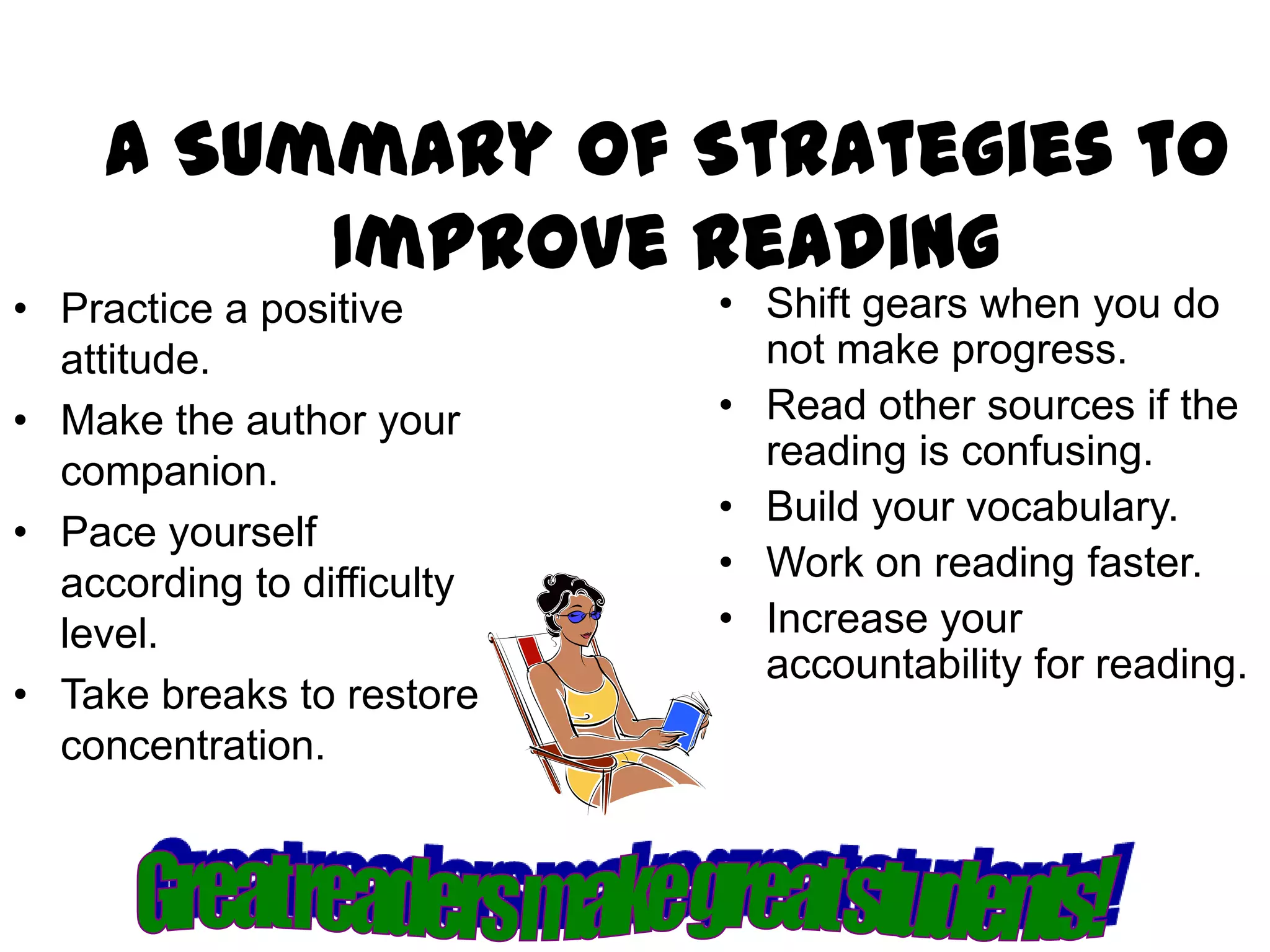 A Summary of Strategies to
         Improve Reading
• Practice a positive       • Shift gears when you do
  attitude.                   not make progress.
• Make the author your      • Read other sources if the
  companion.                  reading is confusing.
                            • Build your vocabulary.
• Pace yourself
  according to difficulty   • Work on reading faster.
  level.                    • Increase your
                              accountability for reading.
• Take breaks to restore
  concentration.
 