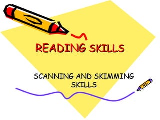READINGREADING SKILLSSKILLS
SCANNING AND SKIMMINGSCANNING AND SKIMMING
SKILLSSKILLS
 