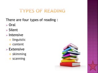 There are four types of reading :
 Oral
 Silent
 Intensive
 linguistic
 content
 Extensive
 skimming
 scanning
 
