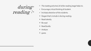 during-
reading :-
• The reading activities of while-reading stage helps to:
• Encourage critical thinking of student.
• Increase attention of the students.
 Stages that’s include in during reading:
 Read silently.
 Re read
 Read loudly
 Analyze
 guess
 
