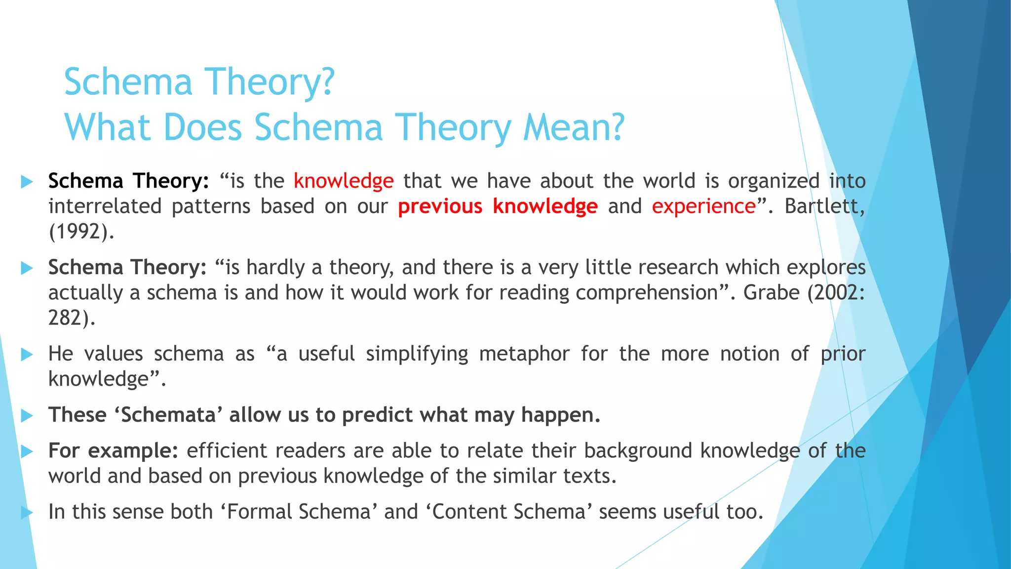 Schema Theory?
What Does Schema Theory Mean?
 Schema Theory: “is the knowledge that we have about the world is organized into
interrelated patterns based on our previous knowledge and experience”. Bartlett,
(1992).
 Schema Theory: “is hardly a theory, and there is a very little research which explores
actually a schema is and how it would work for reading comprehension”. Grabe (2002:
282).
 He values schema as “a useful simplifying metaphor for the more notion of prior
knowledge”.
 These ‘Schemata’ allow us to predict what may happen.
 For example: efficient readers are able to relate their background knowledge of the
world and based on previous knowledge of the similar texts.
 In this sense both ‘Formal Schema’ and ‘Content Schema’ seems useful too.
 