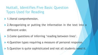 Nuttall, Identifies Five Basic Question
Types Used for Reading
 1.Iiteral comprehension.
 2.Recoganizing or putting the information in the text into a
different order.
 3.Come questions of inferring ‘reading between lines’.
 4.Question types requiring a measure of personal response.
 5.Question is quite sophisticated and not all students need it.
 