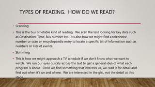 TYPES OF READING. HOW DO WE READ?
• Scanning
• This is the bus timetable kind of reading. We scan the text looking for key data such
as Destination, Time, Bus number etc. It's also how we might find a telephone
number or scan an encyclopaedia entry to locate a specific bit of information such as
numbers or lists of events.
• Skimming
• This is how we might approach a TV schedule if we don't know what we want to
watch. We run our eyes quickly across the text to get a general idea of what each
program is about. Once we find something that interests us, we read it for detail and
find out when it's on and where. We are interested in the gist, not the detail at this
stage.
 