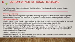 BOTTOM-UP AND TOP-DOWN PROCESSING
You will encounter these terms both in the discussion of listening and reading because they are
applicable to both.
Bottom-up processing
involves the learners using knowledge of the meaning and pronunciation of words, knowledge of the
grammar of the language and how texts fit together to understand the meaning of what they read.
Top-down processing
involves learners using their knowledge of the world and the type of text they are reading to (its usual
organization and the topics) to fill in gaps with intelligent guesswork and prediction.
It is important to understand that neither of these processes occur in isolation.
Good readers continuously deploy both bottom-up processes to understand structure, meaning and
nuance and top-down processes to understand the purpose of a text, its intended audience and its
writer's communicative intentions.
There is a clear implication here:
We need to make sure that we use a range of texts and procedures to ensure that our students get
adequate practice in all the reading approaches.
 