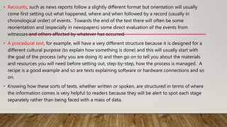 • Recounts, such as news reports follow a slightly different format but orientation will usually
come first setting out what happened, where and when followed by a record (usually in
chronological order) of events. Towards the end of the text there will often be some
reorientation and (especially in newspapers) some direct evaluation of the events from
witnesses and others affected by whatever has occurred.
• A procedural text, for example, will have a very different structure because it is designed for a
different cultural purpose (to explain how something is done) and this will usually start with
the goal of the process (why you are doing it) and then go on to tell you about the materials
and resources you will need before setting out, step-by-step, how the process is managed. A
recipe is a good example and so are texts explaining software or hardware connections and so
on.
• Knowing how these sorts of texts, whether written or spoken, are structured in terms of where
the information comes is very helpful to readers because they will be alert to spot each stage
separately rather than being faced with a mass of data.
 