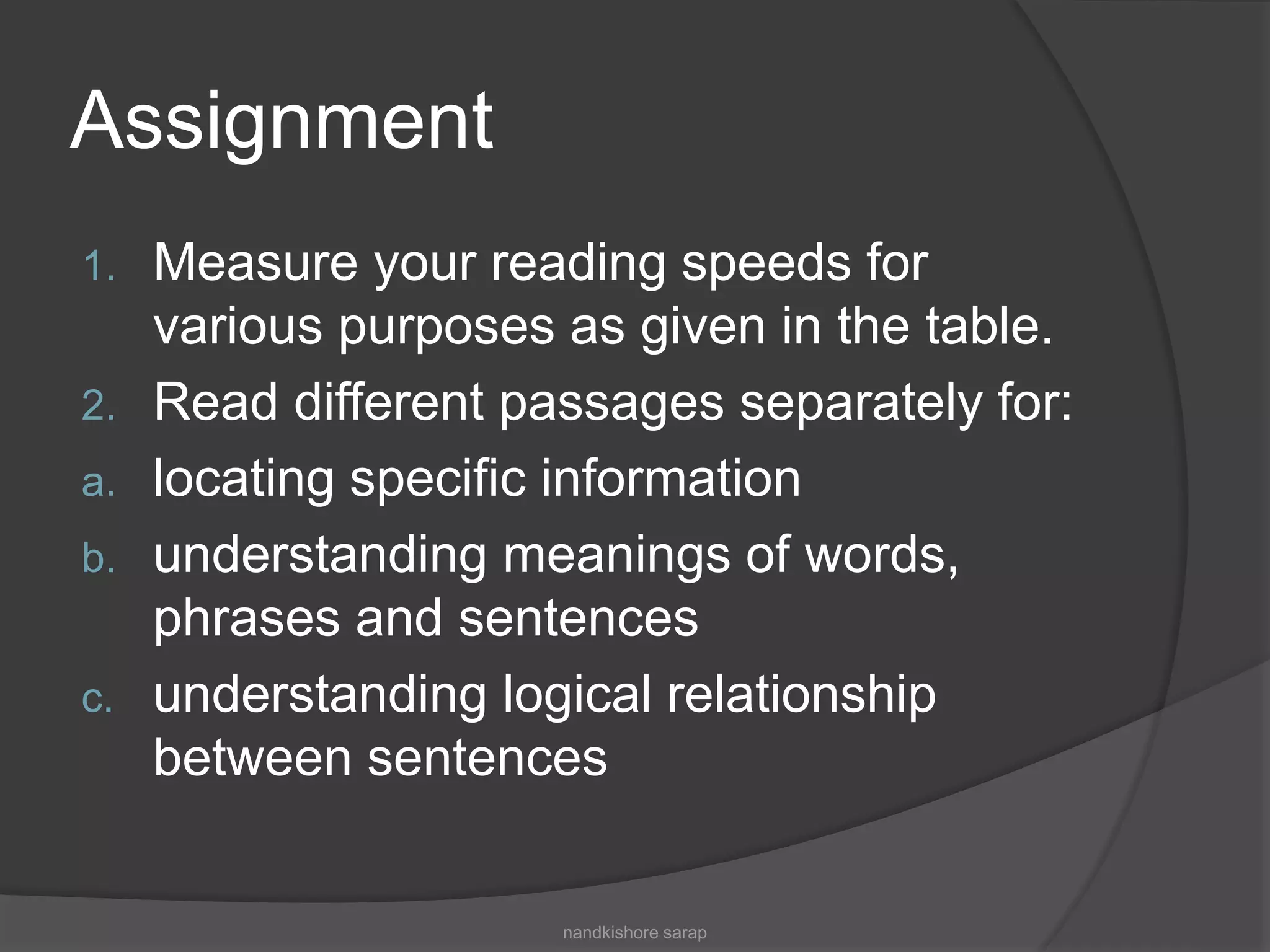 Assignment
1. Measure your reading speeds for
various purposes as given in the table.
2. Read different passages separately for:
a. locating specific information
b. understanding meanings of words,
phrases and sentences
c. understanding logical relationship
between sentences
nandkishore sarap
 