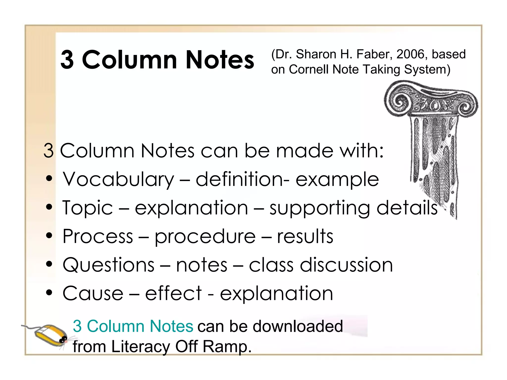 3 Column Notes 3 Column Notes can be made with: Vocabulary – definition- example Topic – explanation – supporting details Process – procedure – results Questions – notes – class discussion Cause – effect - explanation (Dr. Sharon H. Faber, 2006, based on Cornell Note Taking System)  3 Column Notes   can be downloaded from Literacy Off Ramp. 