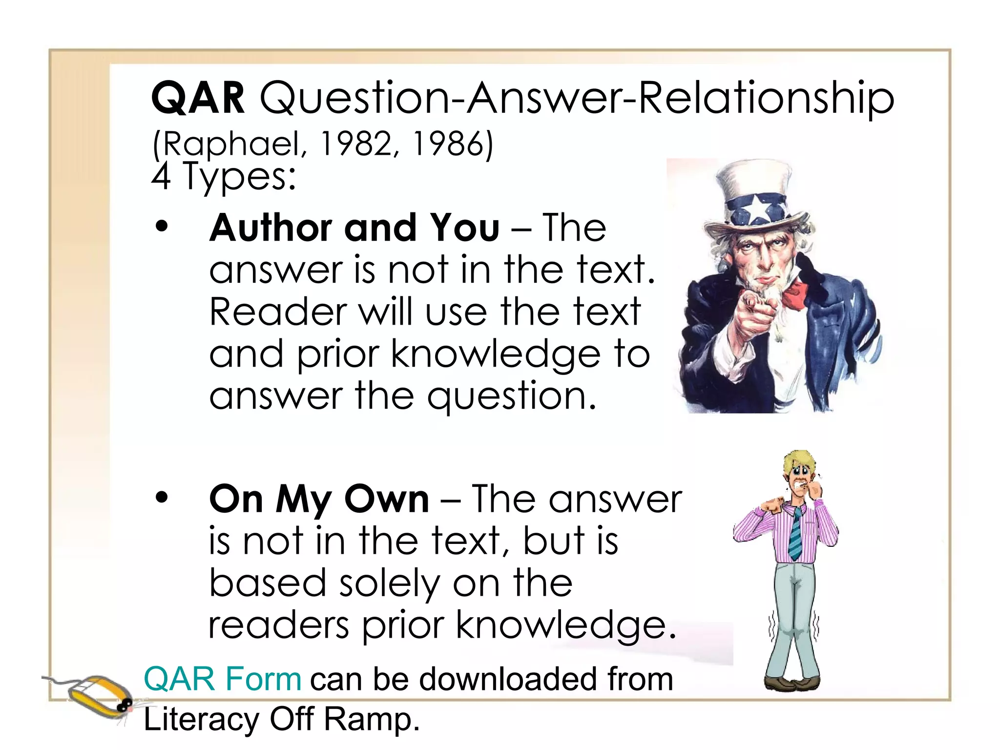 QAR  Question-Answer-Relationship (Raphael, 1982, 1986) 4 Types: Author and You  – The answer is not in the text.  Reader will use the text and prior knowledge to answer the question. On My Own  – The answer is not in the text, but is based solely on the readers prior knowledge. QAR Form   can be downloaded from Literacy Off Ramp. 