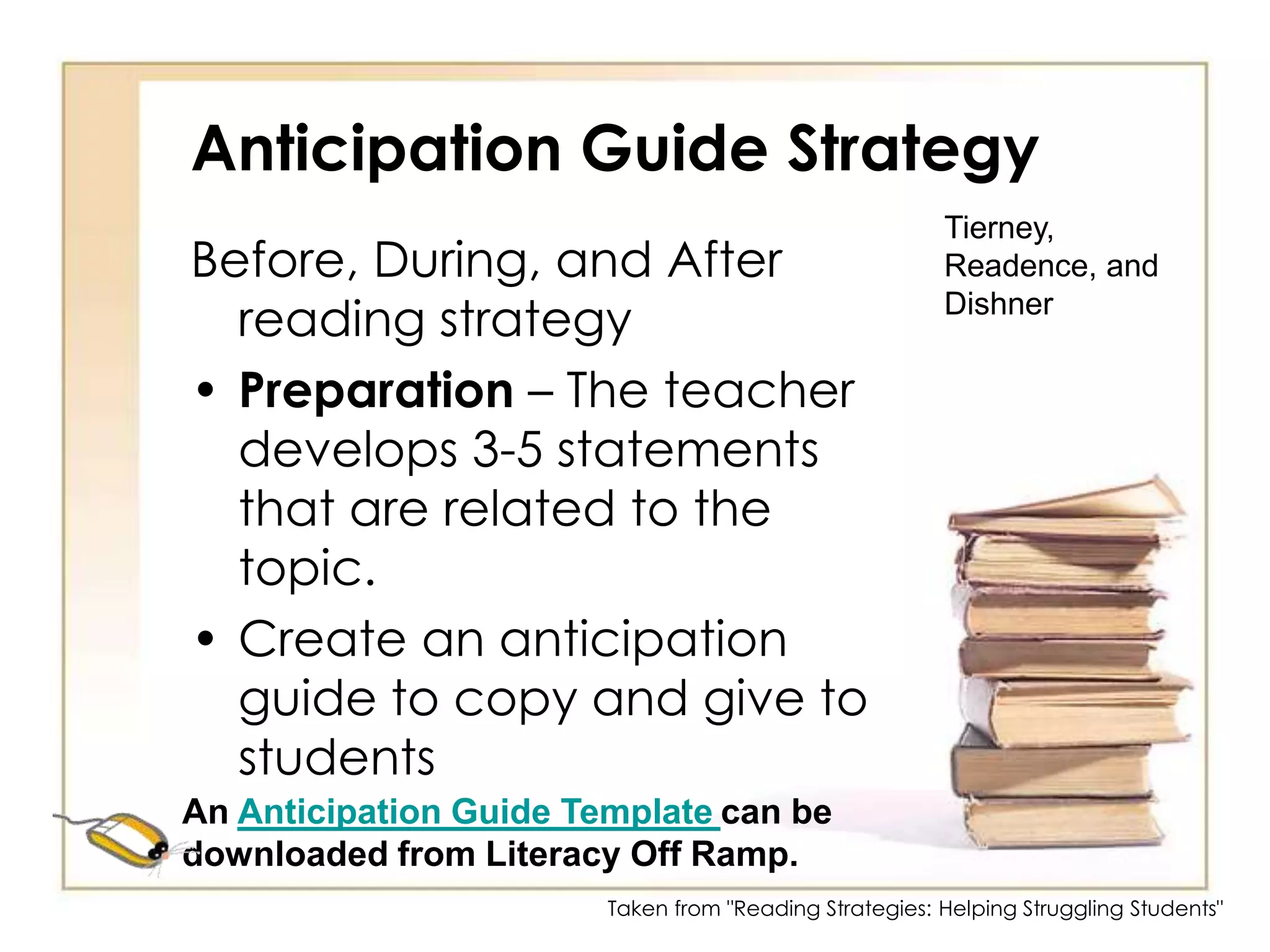 SortsDecide on the type of sort.Write 10-15 words, formulas, etc. on index cards.Students sort the words in different piles depending on the directions you give them.Sort sequentiallySort alphabetically(Dr. Sharon H. Faber, 2006)Sort by definitionSort by alike/differentTaken from "Reading Strategies: Helping Struggling Students"