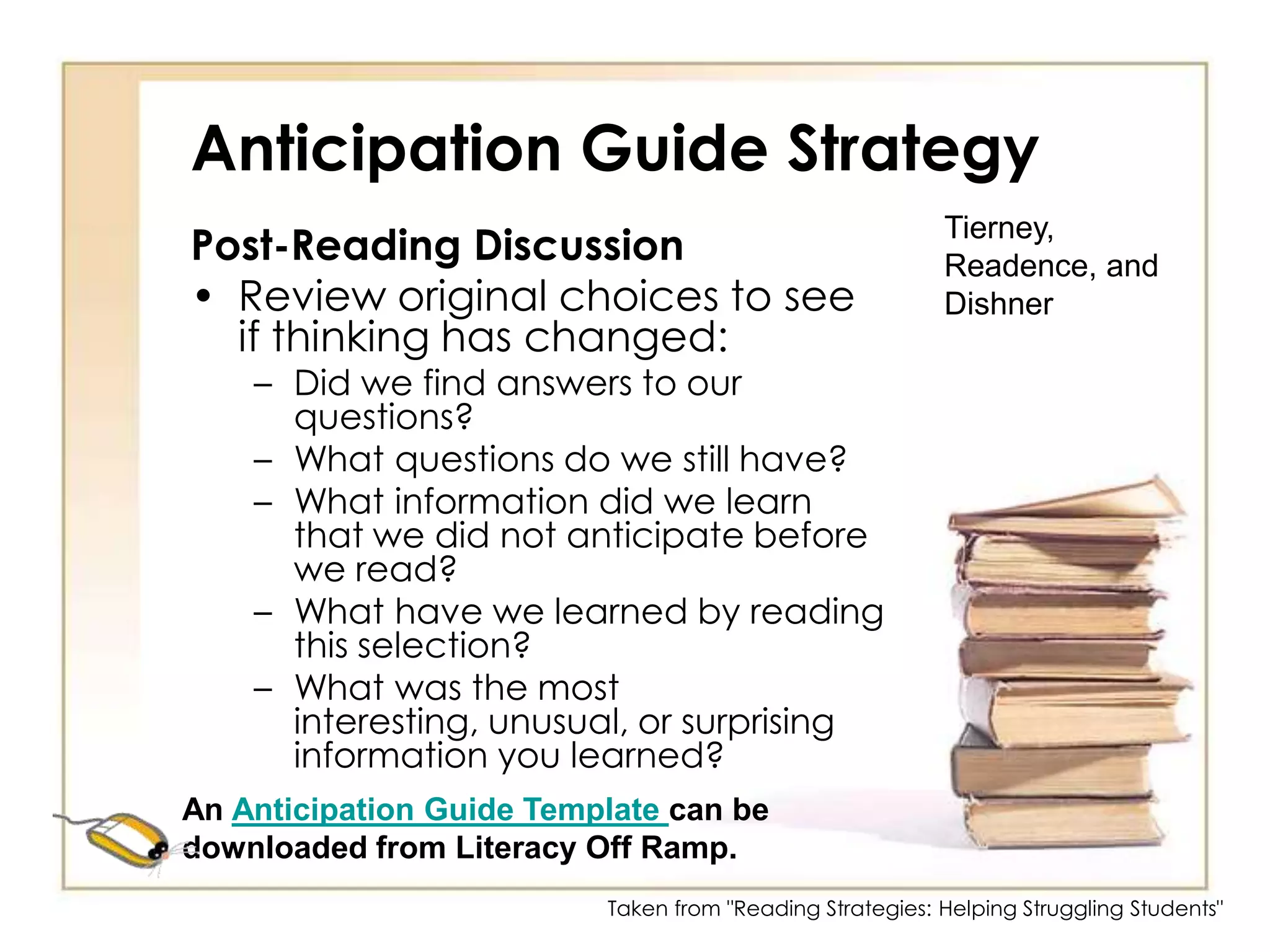 Think AloudsTeacher reads text orally, stops and then “thinks aloud” to model how learners should make connections that develop better comprehension.(Dr. Sharon H. Faber, 2006)Taken from "Reading Strategies: Helping Struggling Students"