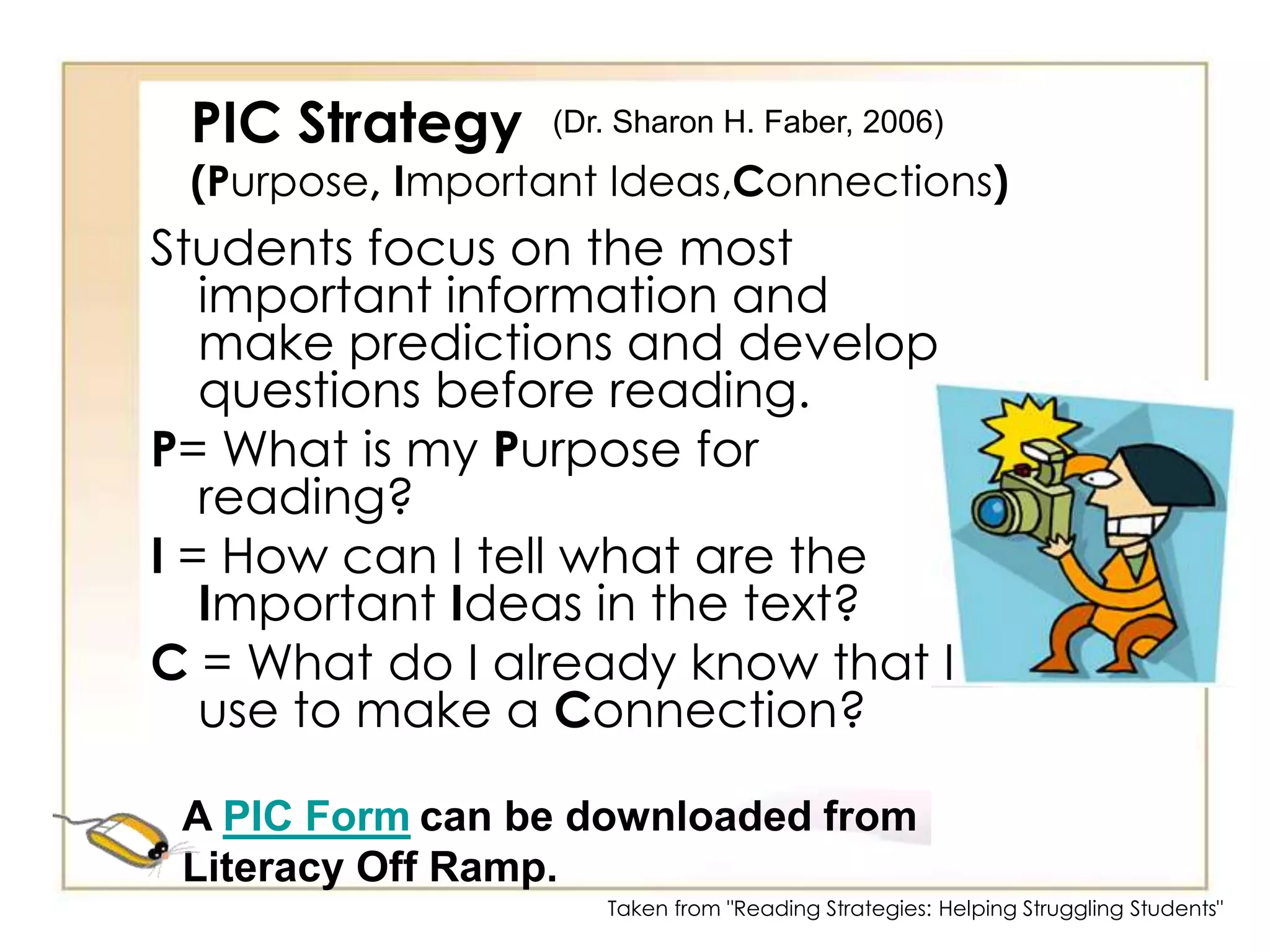 Think Aloud StrategiesKeep reading to see if author explains what you don’t understand.Reread to see if you missed something.Read back to the part you don’t understand or read forward and skip confusing words.Taken from "Reading Strategies: Helping Struggling Students"