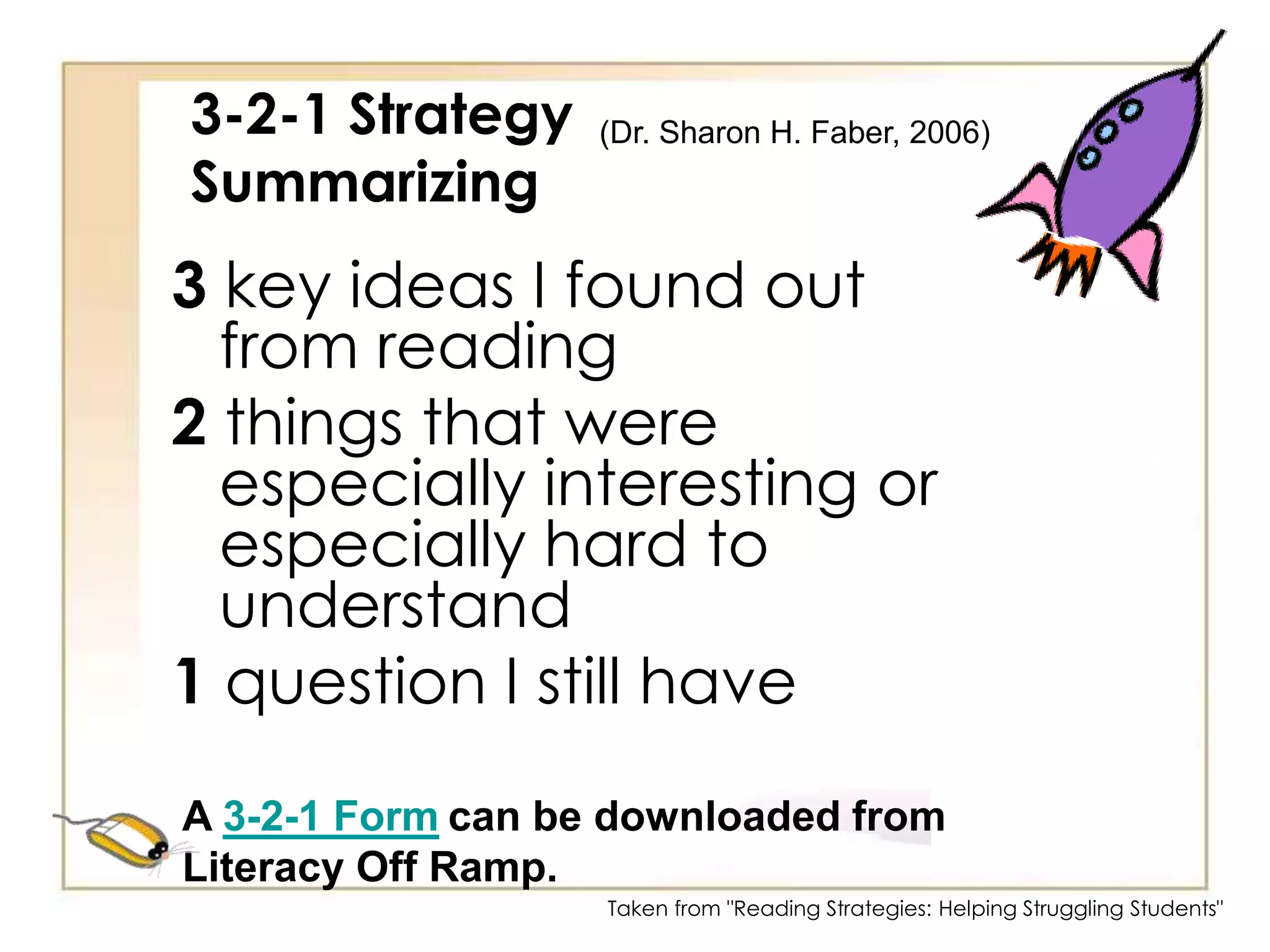 Think Aloud StrategiesReflect on what you’ve read and look for an explanation based on your prior knowledge.Look for answers beyond the text.Taken from "Reading Strategies: Helping Struggling Students"
