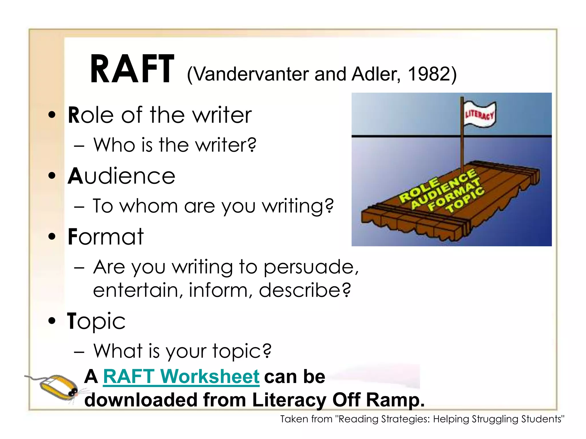 Anticipation Guide StrategyBefore, During, and After reading strategyPreparation – The teacher develops 3-5 statements that are related to the topic.Create an anticipation guide to copy and give to studentsTierney, Readence, and DishnerAn Anticipation Guide Templatecan be downloaded from Literacy Off Ramp.Taken from "Reading Strategies: Helping Struggling Students"