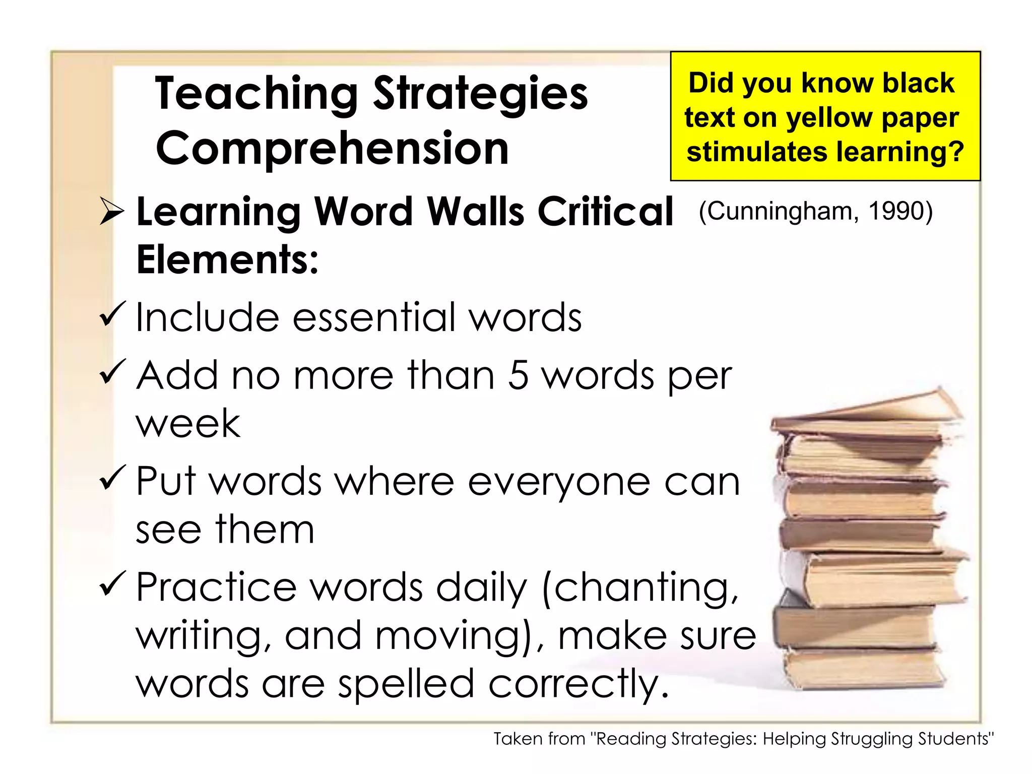 Teaching Strategies ComprehensionDid you know black text on yellow paper stimulates learning?Learning Word Walls Critical Elements: