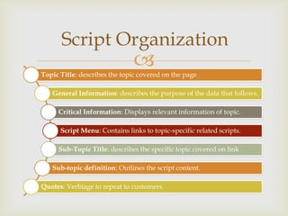 Script Organization
                               
Topic Title: describes the topic covered on the page

   General Information: describes the purpose of the data that follows.

     Critical Information: Displays relevant information of topic.

      Script Menu: Contains links to topic-specific related scripts.

     Sub-Topic Title: describes the specific topic covered on link

   Sub-topic definition: Outlines the script content.

Quotes: Verbiage to repeat to customers.
 