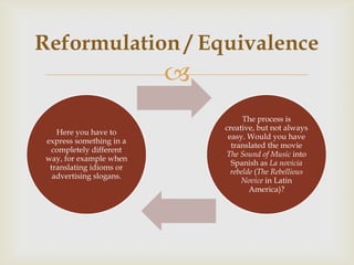 Reformulation / Equivalence
                          
                                    The process is
                              creative, but not always
    Here you have to
                               easy. Would you have
 express something in a
                                translated the movie
  completely different
                              The Sound of Music into
 way, for example when
                                Spanish as La novicia
  translating idioms or
                                rebelde (The Rebellious
   advertising slogans.
                                   Novice in Latin
                                      America)?
 