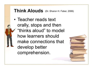 Think Alouds
• Teacher reads text
orally, stops and then
“thinks aloud” to model
how learners should
make connections that
develop better
comprehension.
(Dr. Sharon H. Faber, 2006)
 
