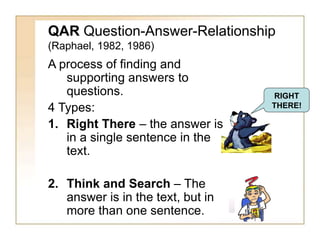 QAR Question-Answer-Relationship
(Raphael, 1982, 1986)
A process of finding and
supporting answers to
questions.
4 Types:
1. Right There – the answer is
in a single sentence in the
text.
2. Think and Search – The
answer is in the text, but in
more than one sentence.
RIGHT
THERE!
 