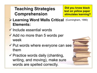Teaching Strategies
Comprehension
 Learning Word Walls Critical
Elements:
 Include essential words
 Add no more than 5 words per
week
 Put words where everyone can see
them
 Practice words daily (chanting,
writing, and moving), make sure
words are spelled correctly.
(Cunningham, 1990)
Did you know black
text on yellow paper
stimulates learning?
 