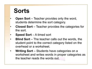 Sorts
• Open Sort – Teacher provides only the word,
students determine the sort category.
• Closed Sort – Teacher provides the categories for
the sort.
• Speed Sort – A timed sort
• Blind Sort – The teacher calls out the words, the
student point to the correct category listed on the
overhead or a worksheet.
• Writing Sort – Students have categories on a
worksheet and writes words in proper categories as
the teacher reads the words out.
 