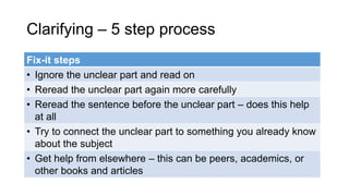 Clarifying – 5 step process
Fix-it steps
• Ignore the unclear part and read on
• Reread the unclear part again more carefully
• Reread the sentence before the unclear part – does this help
at all
• Try to connect the unclear part to something you already know
about the subject
• Get help from elsewhere – this can be peers, academics, or
other books and articles
 