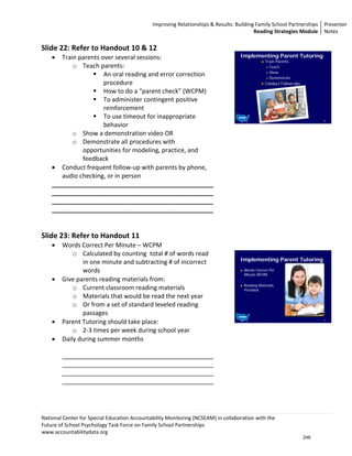 Improving Relationships & Results: Building Family School Partnerships Presenter 
                                                                                          Reading Strategies Module  Notes 

Slide 22: Refer to Handout 10 & 12                                                           
    •  Train parents over several sessions:                                          Implementing Parent Tutoring
                                                                                                  Train Parents
           o Teach parents:                                                                         Teach
                                                                                                    Show
                      An oral reading and error correction                                          Demonstrate
                      procedure                                                                   Conduct Follow-Ups

                      How to do a “parent check” (WCPM) 
                      To administer contingent positive 
                      reinforcement  
                      To use timeout for inappropriate                                                                       22


                      behavior                                                    
           o Show a demonstration video OR                                        
           o Demonstrate all procedures with                                      
              opportunities for modeling, practice, and                           
              feedback                                                            
    • Conduct frequent follow‐up with parents by phone,                           
       audio checking, or in person                                               
    _______________________________________________                               
    _______________________________________________                               
    _______________________________________________                               
    _______________________________________________                               
                                                                                  
                                                                                  
Slide 23: Refer to Handout 11                                                     
    •   Words Correct Per Minute – WCPM                                           
            o Calculated by counting  total # of words read 
                                                                                     Implementing Parent Tutoring
               in one minute and subtracting # of incorrect 
               words                                                                  Words Correct Per
                                                                                      Minute-WCPM
    •   Give parents reading materials from: 
                                                                                      Reading Materials
            o Current classroom reading materials                                     Provided
            o Materials that would be read the next year  
            o Or from a set of standard leveled reading 
               passages 
    •   Parent Tutoring should take place:                                                                                   23




            o 2‐3 times per week during school year                               
    •   Daily during summer months                                                
                                                                                  
        ____________________________________________                              
        ____________________________________________                              
        ____________________________________________                              
        ____________________________________________                              
                                                                                  
                                                                                  
                                                                                  

National Center for Special Education Accountability Monitoring (NCSEAM) in collaboration with the  
Future of School Psychology Task Force on Family School Partnerships 
www.accountabilitydata.org 
                                                                                                                       246
 