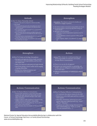 Improving Relationships & Results: Building Family School Partnerships
                                                                                                                                      Reading Strategies Module  




                                        Attitude                                                                           Atmosphere
             How To Adopt a Partnership Attitude:
                                                                                                      Atmosphere:
                                                                                                      Atmosphere: The climate in schools for families and
               Attempt to take parents’ perspectives whenever possible.
                                                                                                        educators to engage as partners.
               Ask yourself:
                  Do I put myself in the parents’ place and mentally reverse roles to
                  consider how I would feel as the parent of the child about whom                       The affective climate in interactions among families and schools.
                  there are concerns?
                   h                  ?                                                                 The h i l li
                                                                                                        Th physical climate i schools that make them i i i and
                                                                                                                               in h l h             k h inviting d
                  Do I really believe that parents are equal to me as a professional and                “family-
                                                                                                        “family-friendly.”
                  are experts on their child?                                                           All families must feel welcome!
                  Do I consistently value the comments and insights of parents and
                  make use of their reservoir of knowledge about the child’s total needs
                                                                                                            Differences in parent backgrounds & experiences must be
                  and activities?                                                                           recognized.
                  Do I listen to parents, communicating with words, eye-contact, and
                                                                        eye-                                Personal difficulties in school or previous conflicts may be
                  posture that I respect and value their insights?                                          prominent.
                  If I had a child in this situation, what information would I want and                     Ethnic, linguistic, religious, class differences can widen the
                  how would I like to be treated?                                                           gap.




                                   Atmosphere                                                                                   Actions
               How To Create an Inviting Atmosphere:                                                  Actions: What schools do to build partnerships and
                 Recognize and appreciate diverse family structures,                                    shared responsibility for education with families
                 circumstances, and responsibilities, and how they                                      through effective communication.
                 may impact roles
                    y p
                 Make your classroom welcoming and family-friendly
                                                        family-                                         There is no one-size fits all approach
                                                                                                                     one-
                 Spend time getting to know families and developing                                     Examine your current practices for partnering with
                 on-going relationships
                 on-                                                                                    families, and your willingness to include families and
                 Refrain from making assumptions and                                                    ask for their input
                 generalizations about families                                                         Effective communication and administrative support
                                                                                                        are key!




                    Actions: Communication                                                                    Actions: Communication
               How To Practice Effective Communication:                                                 How To Practice Effective Communication:
                 Provide regular information to parents about their child’s                                Use statements that express concern for the child
                 progress (e.g., make “good news” phone calls; use home-
                                                                    home-
                 school notes; share information through e-mails, weekly
                                                          e-                                               Retain focus on the child’s goals and how to achieve
                 folders,
                 folders newsletters)                                                                      them together
                 Engage in effective conflict management strategies by using                               Elicit ideas, information, and perspectives from
                 clarifying statements and problem-solving strategies
                                           problem-                                                        parents using open-ended questions (e.g., “How?”
                                                                                                                           open-
                 Use words that convey a partnership (e.g., “we, us, and our”                              “When?” “Describe”)
                 versus “you, I, yours, and mine”)
                                                                                                           Paraphrase and validate message from parents to
                 Share information about how families can help their child at
                 home                                                                                      check understanding (e.g., “I hear you saying…”;
                                                                                                           “You are concerned about…”)




National Center for Special Education Accountability Monitoring in collaboration with the 
Future  of School Psychology Task Force  on Family School Partnerships
www.accountabilitydata.org
                                                                                                                                                                        253
 