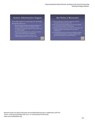 Improving Relationships & Results: Building Family School Partnerships
                                                                                                                      Reading Strategies Module  




              Actions: Administrative Support                                                Key Points to Remember
               Establish policies for partnering with all families                      The development of effective approach, attitude,
                                                                                        atmosphere and actions takes time.
               Include policies for:
                                                                                        The aforementioned strategies may not work equally
                 Requesting parental input throughout all phases of                     for all students, families, and educators.
                 decision-
                 decision-making, not just when p
                                 g,    j          problems arise
                                                                                        Individual h l
                                                                                        I di id l schools may want to di  discuss what type(s) of
                                                                                                                                   h       () f
                 Participation of parents who lack literacy skills or do                programs will best meet their needs and school
                 not speak English                                                      communities.
                 Professional development for teachers and staff to                     Committing the time and resources while developing
                 enhance their effectiveness with parents                               and implementing effective strategies will allow the
                 Opportunities for parents to assist in the                             process and outcomes to be most effective.
                 instructional process at school and at home




National Center for Special Education Accountability Monitoring in collaboration with the 
Future  of School Psychology Task Force  on Family School Partnerships
www.accountabilitydata.org
                                                                                                                                                254
 