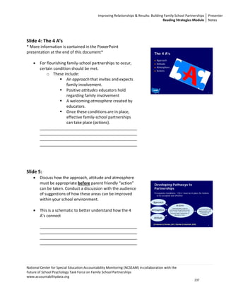 Improving Relationships & Results: Building Family School Partnerships Presenter 
                                                                                          Reading Strategies Module  Notes 




Slide 4: The 4 A’s 
* More information is contained in the PowerPoint 
presentation at the end of this document*                                           The 4 A’s
 
                                                                                       Approach
   • For flourishing family‐school partnerships to occur,                              Attitude
                                                                                       Atmosphere
       certain condition should be met.                                                Actions
           o These include:  
                      An approach that invites and expects 
                      family involvement. 
                      Positive attitudes educators hold                                                                                                         4


                      regarding family involvement 
                      A welcoming atmosphere created by 
                      educators.  
                      Once these conditions are in place, 
                      effective family‐school partnerships 
                      can take place (actions).  
       ____________________________________________
       ____________________________________________
       ____________________________________________
       ____________________________________________ 
        
        
        
        
Slide 5: 
    •   Discuss how the approach, attitude and atmosphere 
        must be appropriate before parent friendly “action”                         Developing Pathways to
        can be taken. Conduct a discussion with the audience                        Partnerships
                                                                                    Prerequisite Conditions: “3 A’s” must be in place for Actions
        of suggestions of how these areas can be improved                             to be accepted and effective

        within your school environment.    
                                                                                   Approach
                                                                                                                    Actions

    •
                                                                                                              Communicating a tone of
                                                                                                                                                  Successful learning
        This is a schematic to better understand how the 4                        Atmosphere              partnership through bidirectional
                                                                                                                                                   opportunities and
                                                                                                          home-school communication and
                                                                                                           fostering family involvement in           outcomes for
                                                                                                                                                       children
        A’s connect                                                                Attitude
                                                                                                                   learning at home



         
                                                                                   (Christenson & Sheridan, 2001; Sheridan & Kratochwill, 2008)
        ____________________________________________                                                                                                            5




        ____________________________________________
        ____________________________________________
        ____________________________________________ 
         



National Center for Special Education Accountability Monitoring (NCSEAM) in collaboration with the  
Future of School Psychology Task Force on Family School Partnerships 
www.accountabilitydata.org 
                                                                                                                                              237
 