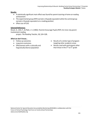 Improving Relationships & Results: Building Family School Partnerships Presenter 
                                                                                      Reading Strategies Module  Notes 

Results: 
    • A statistically significant main effect was found for parent tutoring at home on reading 
       achievement 
    • The experimental group (PEP) earned a 3.8 grade equivalent while the control group 
       earned a 2.8 grade equivalent on a reading posttest 
    • Effect size of 0.92  
     
Selected Reference: 
Shuck, A., Ulsh, F., & Platt, J. S. (1983). Parents Encourage Pupils (PEP): An inner city parent 
involvement reading   
       project. The Reading Teacher, 36, 524–528. 
 
What we don’t know… 
    • Follow‐up outcomes                                   • Results of a similar type of program 
    • Long‐term outcomes                                       targeting other academic areas 
    • Effectiveness with a culturally and                  • Results used with participants other 
       linguistically diverse population                       than those in the 3rd to 5th grade




National Center for Special Education Accountability Monitoring (NCSEAM) in collaboration with the  
Future of School Psychology Task Force on Family School Partnerships 
www.accountabilitydata.org 
                                                                                                            263
 