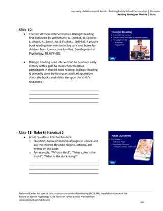 Improving Relationships & Results: Building Family School Partnerships Presenter 
                                                                                          Reading Strategies Module  Notes 

                                                                                              
                                                                                  
Slide 10:  
                                                                                     Dialogic Reading
    •   The first of these interventions is Dialogic Reading                          Promotes Early Literacy
        first published by Whitehurst, G., Arnold, D. Epstein,                        Child As Active Participant In Shared Reading
                                                                                      Encouragement for:
        J., Angell, A., Smith, M. & Fischel, J. (1994a). A picture                      Responses
                                                                                        Engagement
        book reading intervention in day care and home for 
        children from low‐income families. Developmental 
        Psychology, 30, 679‐689.  
                                                                                                                                      10


    •   Dialogic Reading is an intervention to promote early                      
        literacy with a goal to make children active 
        participants in shared book reading. Dialogic Reading 
        is primarily done by having an adult ask questions 
        about the books and elaborate upon the child’s 
        responses.  
         
        ____________________________________________
        ____________________________________________
        ____________________________________________
        ____________________________________________ 
         
         
         
         
         
         
         
Slide 11:  Refer to Handout 2 
                                                                                     Adult Questions
    •   Adult Questions For Pre‐Readers: 
                                                                                     Pre-Readers:
        o Questions focus on individual pages in a book and                            Individual Pages
                                                                                       Descriptive Questions
           ask the child to describe objects, actions, and                               Objects, Actions, and Events
           events on the page 
        o For example, “What is this?”, “What color is the 
           duck?”, “What is the duck doing?” 
        ____________________________________________
        ____________________________________________                                                                                  11




        ____________________________________________
        ____________________________________________ 
         
         
         
         
National Center for Special Education Accountability Monitoring (NCSEAM) in collaboration with the  
Future of School Psychology Task Force on Family School Partnerships 
www.accountabilitydata.org 
                                                                                                                         240
 