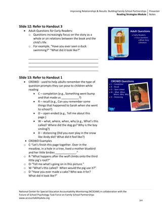 Improving Relationships & Results: Building Family School Partnerships Presenter 
                                                                                          Reading Strategies Module  Notes 

 
Slide 12: Refer to Handout 3 
    •    Adult Questions for Early Readers:                                                              Adult Questions
         o Questions increasingly focus on the story as a                                                  Early Readers:
                                                                                                             Focus Questions:
            whole or on relations between the book and the                                                        Whole Story
            child’s life.                                                                                         Relations

         o For example, “Have you ever seen a duck 
            swimming?” “What did it look like?” 
          
         ____________________________________________                                                                           12



         ____________________________________________
         ____________________________________________
         ____________________________________________ 
 
Slide 13: Refer to Handout 1  
    •    CROWD ‐ used to help adults remember the type of                           CROWD Questions
                                                                                    C – Completion
         question prompts they can pose to children while                           R – Recall
         reading                                                                    O – Open ended
                                                                                    W – What, When,
              • C – completion (e.g., Something went bump                              Where, Who, Why
                  and that made us ___________?)                                    D – Distancing

              • R – recall (e.g., Can you remember some 
                  things that happened to Sarah when she went 
                  to school?)                                                                                                   13



              • O – open‐ended (e.g., Tell me about this 
                  page.) 
              • W – what, where, when, why (e.g., What’s this 
                  called? Where did the dog go? Why is the boy 
                  smiling?) 
              • D – distancing (Did you ever play in the snow 
                  like Andy did? What did it feel like?) 
     •   CROWD Examples 
    o    C‐“Let’s finish this page together. Over in the 
         meadow, in a hole in a tree, lived a mother bluebird 
         and her little birdies _____________.” 
    o    R‐“What happens after the wolf climbs onto the third 
         little pig’s roof?” 
    o    O‐“Tell me what’s going on in this picture.” 
    o    W‐“What’s this called?  When would the pig use it?” 
    o    D‐“Have you ever made a cake? Who was it for? 
         What did it look like?” 



National Center for Special Education Accountability Monitoring (NCSEAM) in collaboration with the  
Future of School Psychology Task Force on Family School Partnerships 
www.accountabilitydata.org 
                                                                                                                 241
 