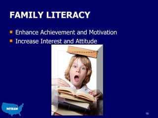 FAMILY LITERACY  Enhance Achievement and Motivation Increase Interest and Attitude 