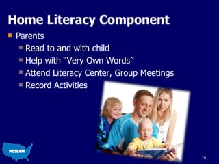 Home Literacy Component Parents Read to and with child Help with “Very Own Words” Attend Literacy Center, Group Meetings Record Activities  