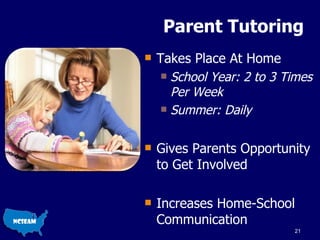 Parent Tutoring Takes Place At Home School Year: 2 to 3 Times Per Week Summer: Daily Gives Parents Opportunity to Get Involved Increases Home-School Communication 