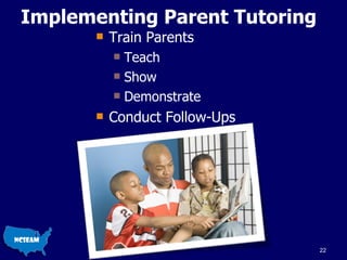Implementing Parent Tutoring Train Parents Teach Show Demonstrate Conduct Follow-Ups 