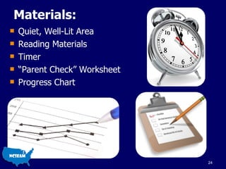 Materials: Quiet, Well-Lit Area Reading Materials Timer “ Parent Check” Worksheet Progress Chart 