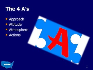 The 4 A’s  Approach Attitude Atmosphere Actions 