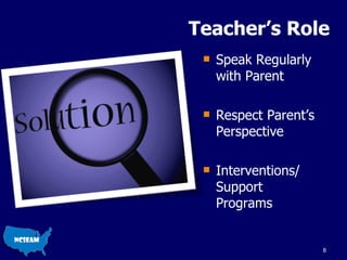 Teacher’s Role Speak Regularly with Parent Respect Parent’s Perspective Interventions/ Support Programs 