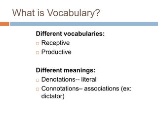 What is Vocabulary?Different vocabularies:ReceptiveProductiveDifferent meanings:Denotations-- literalConnotations– associations (ex: dictator)