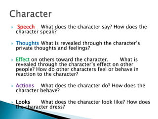 Speech What does the character say? How does the character speak? Thoughts What is revealed through the character’s private thoughts and feelings? Effecton others toward the character. 	What is revealed through the character’s effect on other people? How do other characters feel or behave in reaction to the character? Actions What does the character do? How does the character behave? Looks 	What does the character look like? How does the character dress? Character