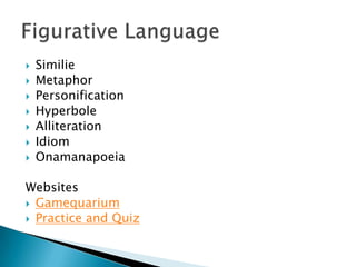 SimilieMetaphorPersonificationHyperboleAlliterationIdiomOnamanapoeiaWebsitesGamequariumPractice and QuizFigurative Language