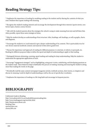 102
Reading Strategy Tips:
* Emphasize the importance of reading by modeling reading to the student and by sharing the contents of what you
read. Students then equate reading with meaning.
* Recognize the student’s reading interests and encourage the development through these interests (sports stories, non-
fiction topics, humor, science fiction)
* Talk with the student’s parents about the strategies the school is using to make meaning from text and tell them that,
when possible, repeat those same strategies at home.
* Help the student develop an understanding of text structure: titles, headings, sub-headings, as well as graphs, charts,
and diagrams.
* Encourage the student to re-read material to get a deeper understanding of its contents. This is particularly true for
non-fiction material (textbook content) and material written above grade level.
* Discuss the importance and approach of reading for different purposes: to entertain, to inform, to persuade, etc.
Reading for different purposes helps to define the speed and depth of understanding to apply to that reading.
* Distinguish between skimming, scanning, speed reading and reading for deep understanding. Help the student to
understand the appropriate applications of each.
* Encourage “engagement strategies” such as highlighting, using post-it notes, underlining, and developing questions as
the student reads. These behaviors help to habitualize the process of making-meaning and ensuring the student is doing
more than reading the words on the page.
* Periodically read the same content (newspaper/magazine articles, textbook sections, short stories, or chapters) and
discuss its meaning. Look for depth of understanding as well as the use of specific/key vocabulary.
* Emphasize the importance of reading as a life-long habit and encourage its frequent practice.
BIBLIOGRAPHY
California’s Guide to Reading
http://www.pleasval.k12.ia.us/studyskills/parentreading.htm
http://www.readingquest.org/strat/abc.html
http://k6educators.about.com
Reading Class
sanchezclass.com
cheney268.com
 