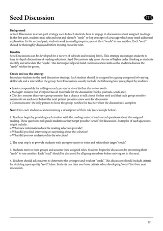 17
Seed Discussion
Background
A Seed Discussion is a two-part strategy used to teach students how to engage in discussions about assigned readings.
In the first part, students read selected text and identify “seeds” or key concepts of a passage which may need additional
explanation. In the second part, students work in small groups to present their “seeds” to one another. Each “seed”
should be thoroughly discussed before moving on to the next.
Benefits
Seed Discussions can be developed for a variety of subjects and reading levels. This strategy encourages students to
have in-depth discussions of reading selections. Seed Discussions rely upon the use of higher order thinking as students
identify and articulate the “seeds.” This technique helps to build communication skills as the students discuss the
“seeds” within the group.
Create and use the strategy
Introduce students to the seed discussion strategy. Each student should be assigned to a group composed of varying
skill levels and a role within the group. Seed Discussions usually include the following four roles played by students:
• Leader: responsible for calling on each person to share his/her discussion seeds
• Manager: ensures that everyone has all materials for the discussion (books, journals, seeds, etc.)
• Checker: ensures that every group member has a chance to talk about his/her seed and that each group member
comments on each seed before the next person presents a new seed for discussion
• Communicator: the only person to leave the group; notifies the teacher when the discussion is complete
Note: Give each student a card containing a description of their role (see example below).
1. Teachers begin by providing each student with the reading material and a set of questions about the assigned
reading. These questions will guide students as they target possible “seeds” for discussion. Examples of such questions
might include:
o What new information does the reading selection provide?
o What did you find interesting or surprising about the selection?
o What did you not understand in the selection?
2. The next step is to provide students with an opportunity to write and refine their target “seeds.”
3. Students meet in their groups and assume their assigned roles. Students begin the discussion by presenting their
“seeds” to one another. Each “seed” should be discussed by all group members before moving on to the next.
4. Teachers should ask students to determine the strongest and weakest “seeds.” This discussion should include criteria
for deciding upon quality “seed” ideas. Students can then use those criteria when developing “seeds” for their next
discussion.
DR
 
