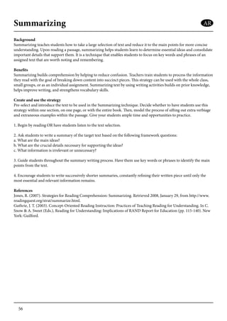 56
Summarizing
Background
Summarizing teaches students how to take a large selection of text and reduce it to the main points for more concise
understanding. Upon reading a passage, summarizing helps students learn to determine essential ideas and consolidate
important details that support them. It is a technique that enables students to focus on key words and phrases of an
assigned text that are worth noting and remembering.
Benefits
Summarizing builds comprehension by helping to reduce confusion. Teachers train students to process the information
they read with the goal of breaking down content into succinct pieces. This strategy can be used with the whole class,
small groups, or as an individual assignment. Summarizing text by using writing activities builds on prior knowledge,
helps improve writing, and strengthens vocabulary skills.
Create and use the strategy
Pre-select and introduce the text to be used in the Summarizing technique. Decide whether to have students use this
strategy within one section, on one page, or with the entire book. Then, model the process of sifting out extra verbiage
and extraneous examples within the passage. Give your students ample time and opportunities to practice.
1. Begin by reading OR have students listen to the text selection.
2. Ask students to write a summary of the target text based on the following framework questions:
a. What are the main ideas?
b. What are the crucial details necessary for supporting the ideas?
c. What information is irrelevant or unnecessary?
3. Guide students throughout the summary writing process. Have them use key words or phrases to identify the main
points from the text.
4. Encourage students to write successively shorter summaries, constantly refining their written piece until only the
most essential and relevant information remains.
References
Jones, R. (2007). Strategies for Reading Comprehension: Summarizing. Retrieved 2008, January 29, from http://www.
readingquest.org/strat/summarize.html.
Guthrie, J. T. (2003). Concept-Oriented Reading Instruction: Practices of Teaching Reading for Understanding. In C.
Snow & A. Sweet (Eds.), Reading for Understanding: Implications of RAND Report for Education (pp. 115-140). New
York: Guilford.
AR
 